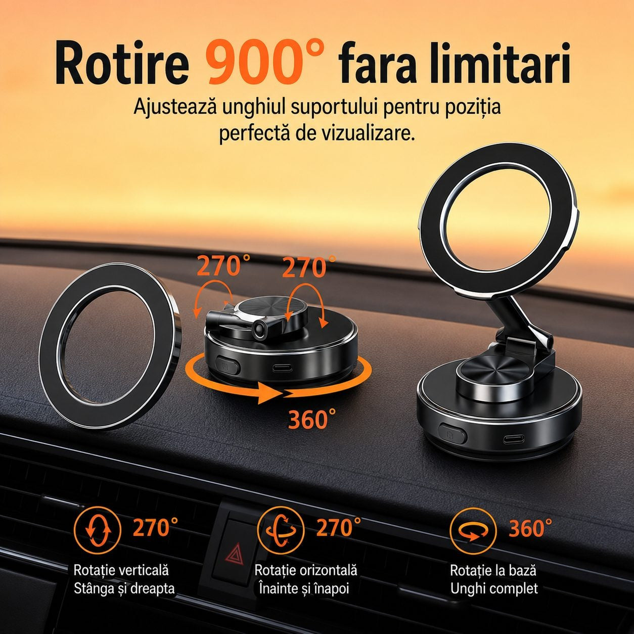 Suport Auto Magnetic pentru Telefon, Glorio, cu Vacuum Electric si Ventuza, Reglaj Multiunghi 900°, Aluminiu, Negru Glorio