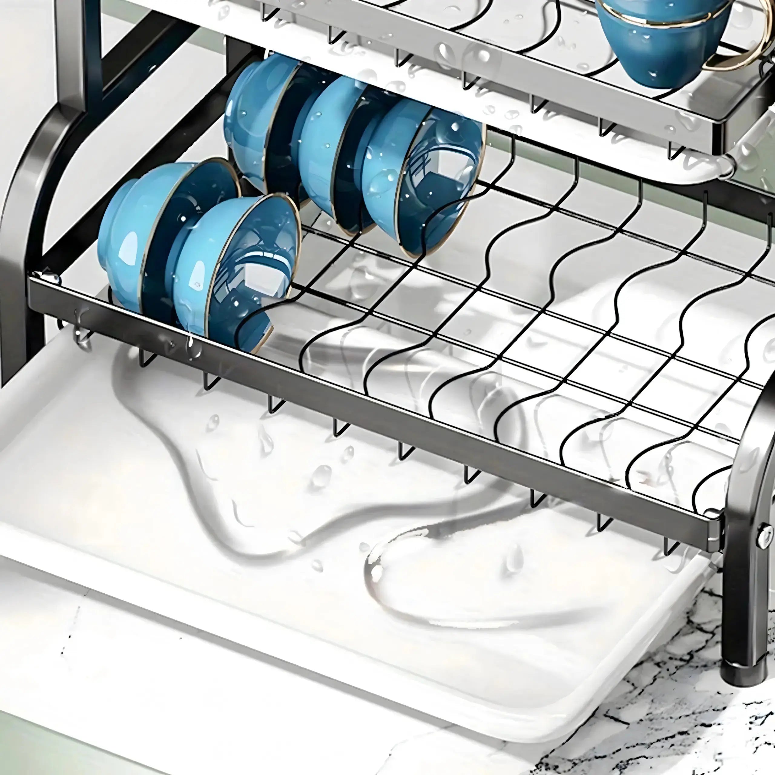 Organizator Vase Glorio, scurgator vase si tacamuri , compact , 3 niveluri , otel inoxidabil Glorio