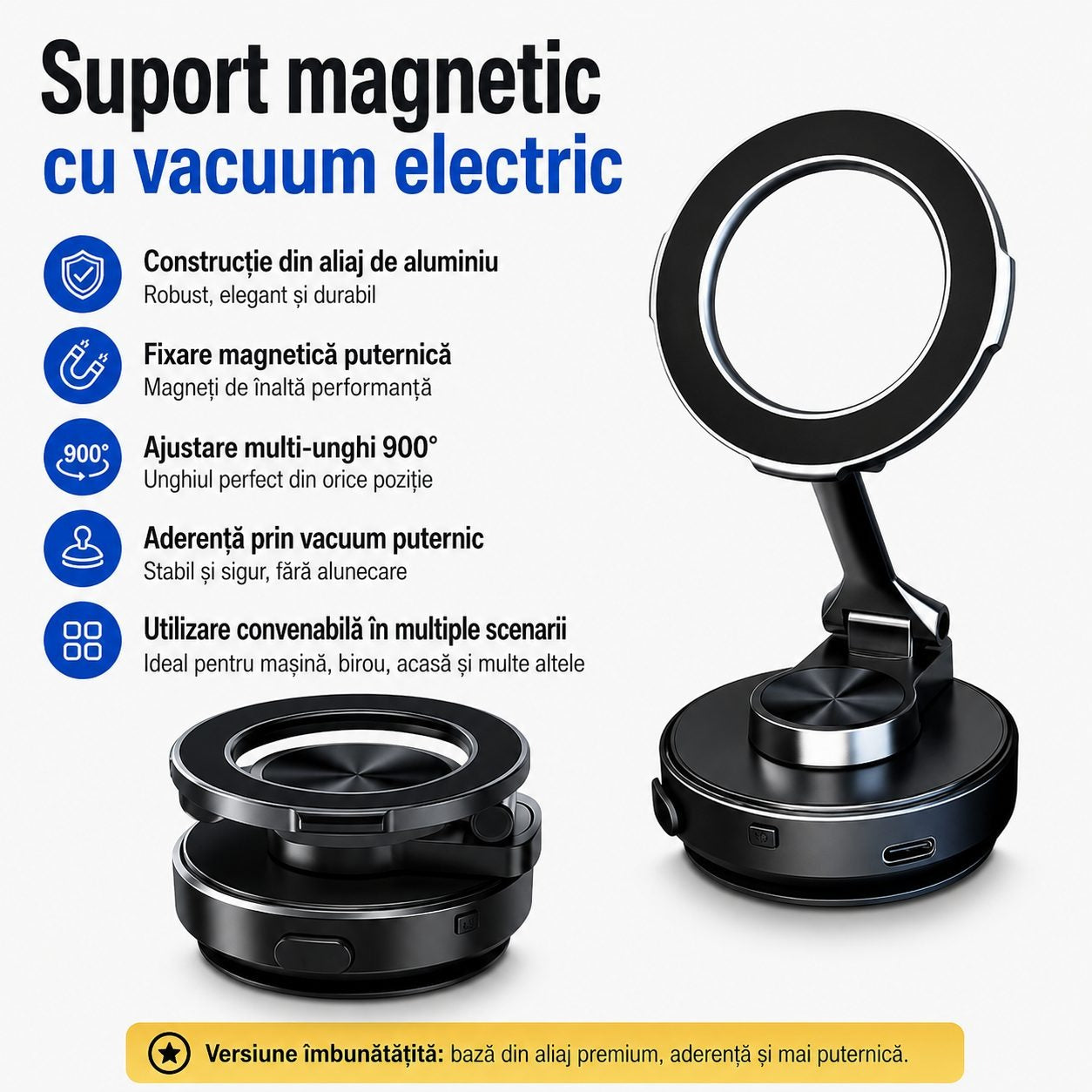 Suport Auto Magnetic pentru Telefon, Glorio, cu Vacuum Electric si Ventuza, Reglaj Multiunghi 900°, Aluminiu, Negru Glorio