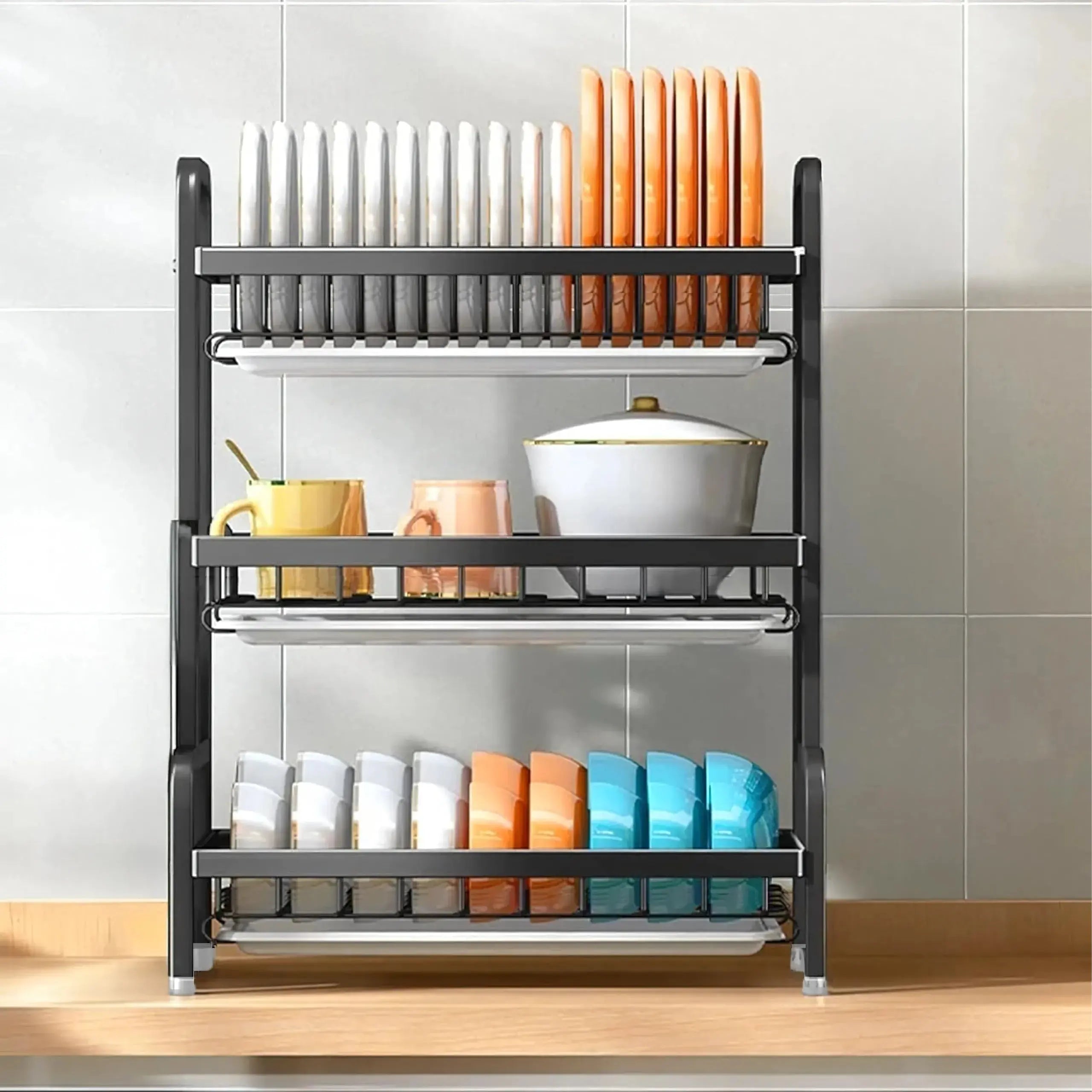 Organizator Vase Glorio, scurgator vase si tacamuri , compact , 3 niveluri , otel inoxidabil Glorio