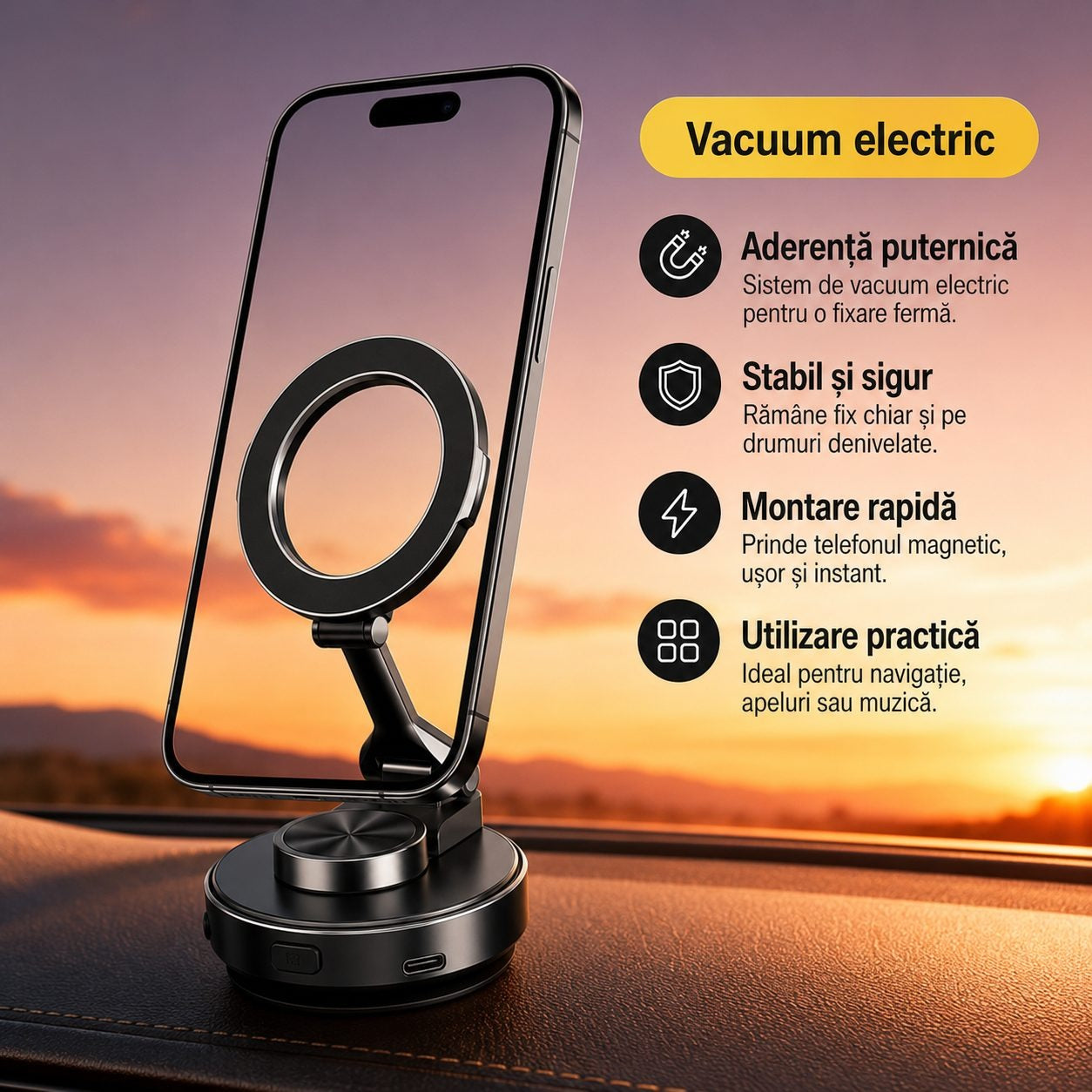 Suport Auto Magnetic pentru Telefon, Glorio, cu Vacuum Electric si Ventuza, Reglaj Multiunghi 900°, Aluminiu, Negru Glorio