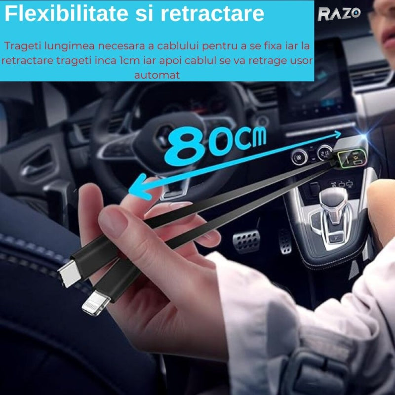 Incarcator auto inteligent 4 in 1, Fast charge 66W, Cabluri retractabile lightning, Type-C 800mm, USB-A + USB-C PD, Lumina ambientala LED „Cer instelat”, Cap reglabil 180° Glorio