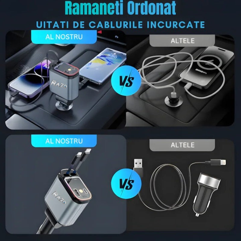 Incarcator auto inteligent 4 in 1, Fast charge 66W, Cabluri retractabile lightning, Type-C 800mm, USB-A + USB-C PD, Lumina ambientala LED „Cer instelat”, Cap reglabil 180° Glorio