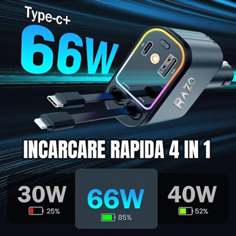 Incarcator auto inteligent 4 in 1, Fast charge 66W, Cabluri retractabile lightning, Type-C 800mm, USB-A + USB-C PD, Lumina ambientala LED „Cer instelat”, Cap reglabil 180° Glorio