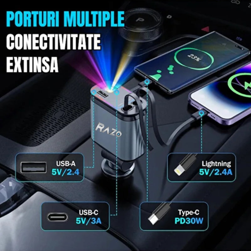Incarcator auto inteligent 4 in 1, Fast charge 66W, Cabluri retractabile lightning, Type-C 800mm, USB-A + USB-C PD, Lumina ambientala LED „Cer instelat”, Cap reglabil 180° Glorio