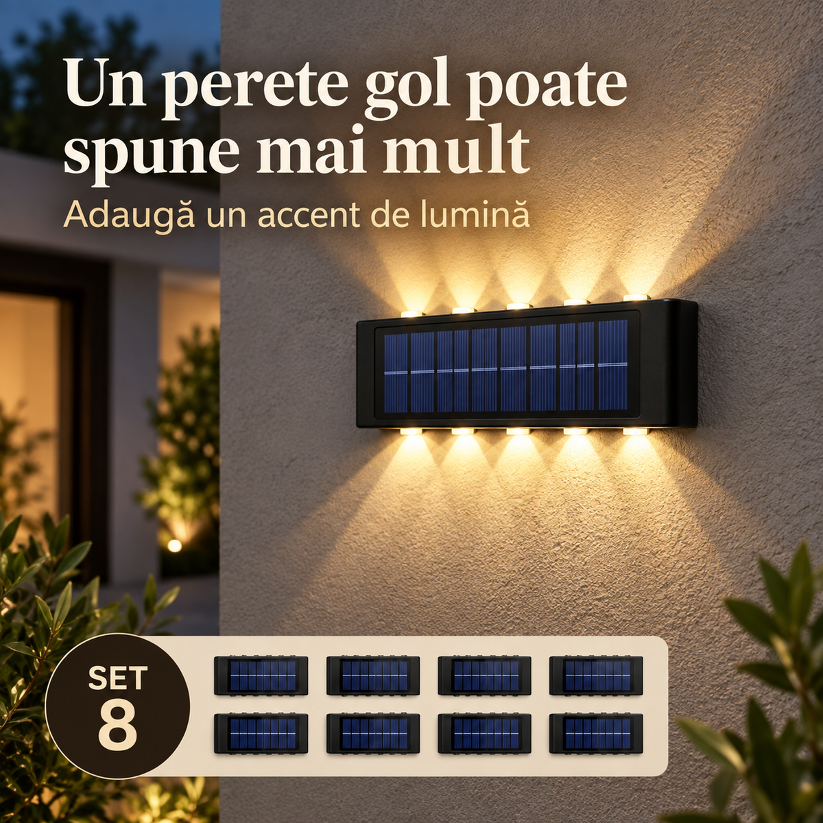 Lămpi solare bidirecționale pentru decorarea pereților exteriori.