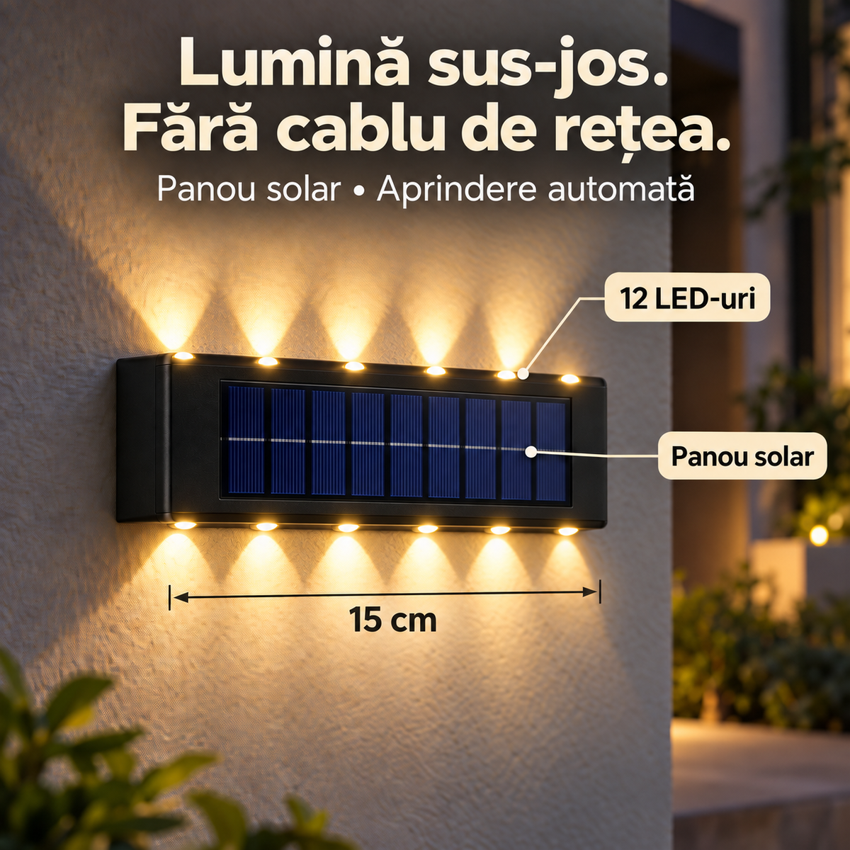 Lampă solară de 15 cm cu panou solar și 12 LED-uri, șase sus și șase jos.