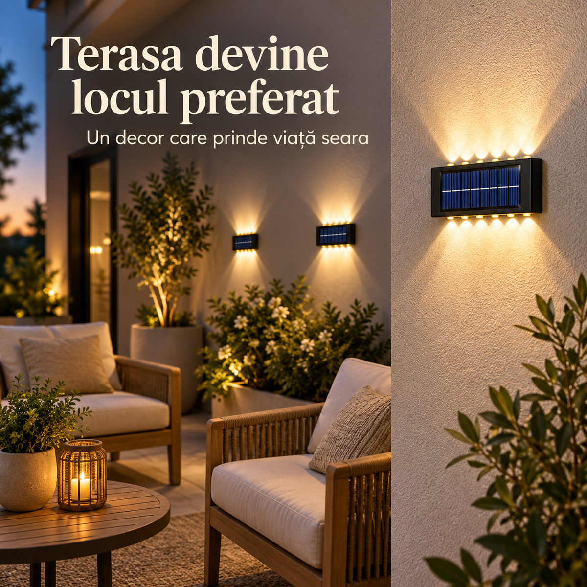 Terasă cu lămpi solare bidirecționale și lumină ambientală.
