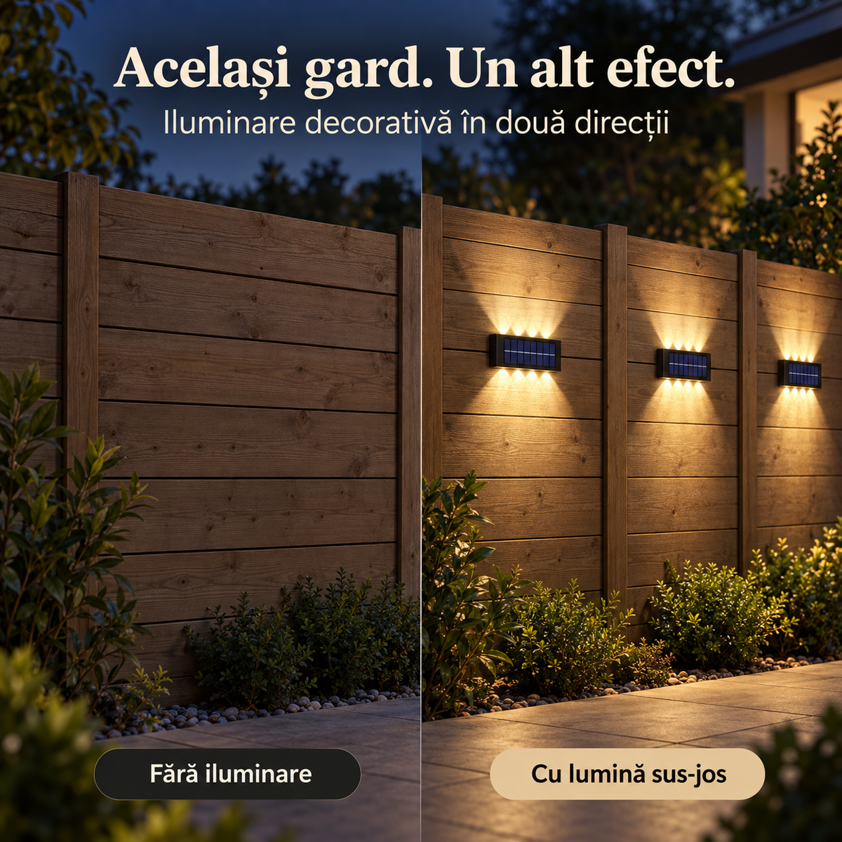 Comparație a unui gard fără și cu iluminare solară bidirecțională.