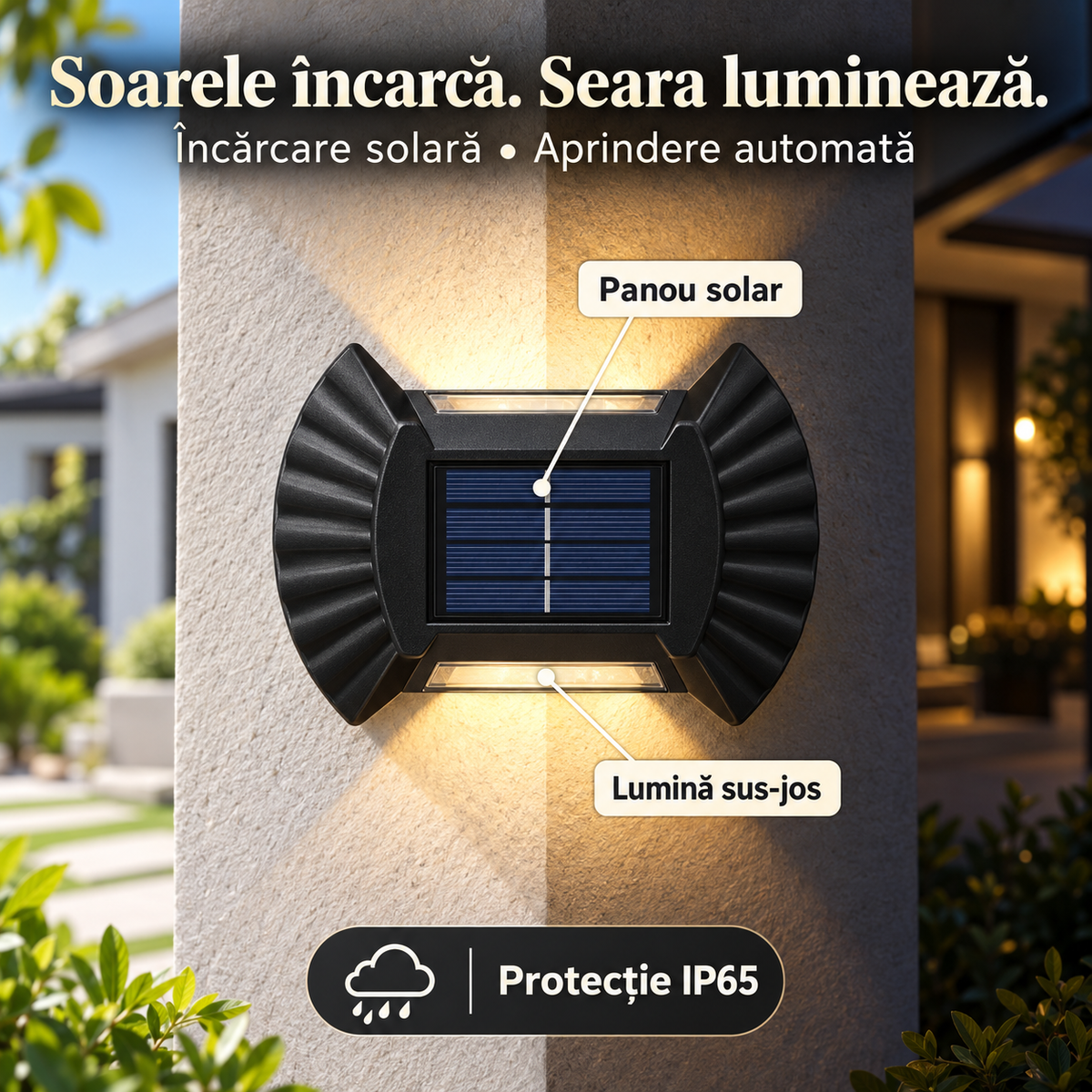Lampă solară tip scoică: panou solar, lumină sus-jos și protecție IP65.