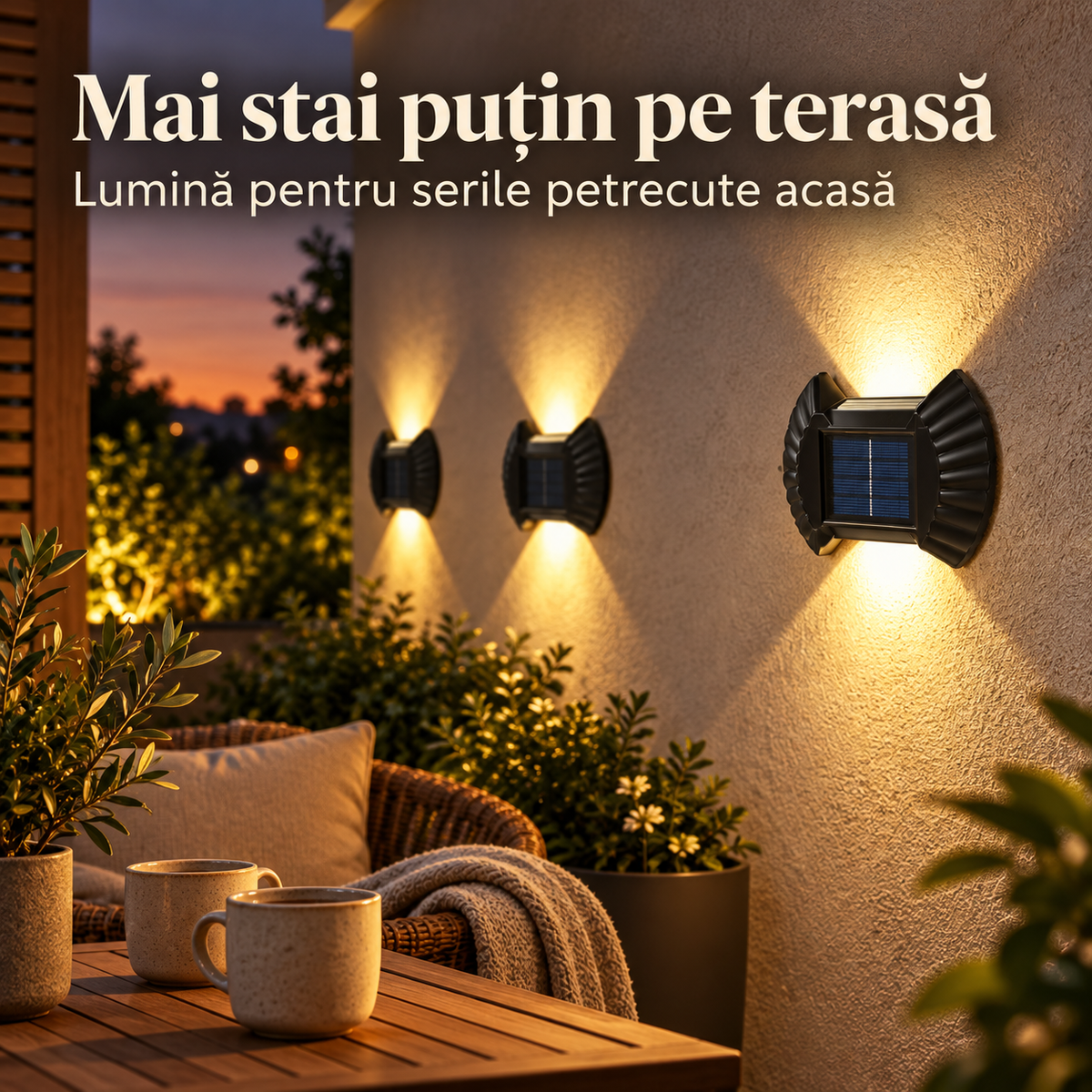Terasă amenajată cu lămpi solare decorative tip scoică.