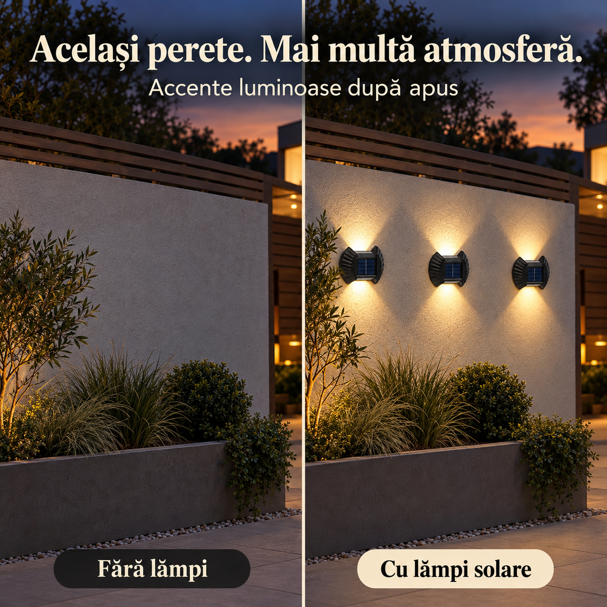 Același perete de grădină fără și cu iluminare solară decorativă.