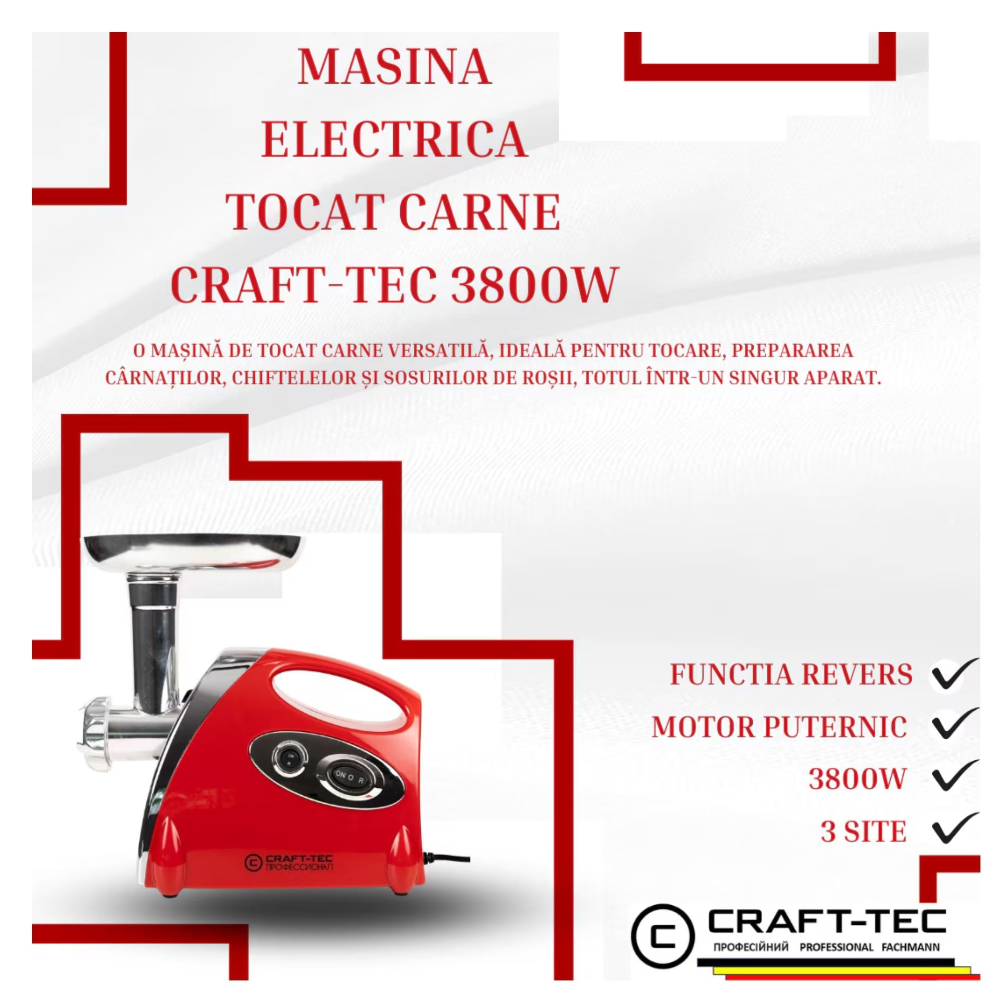 Mașină de Tocat Electrică Profesională Craft-TEC - 3800W, 3 Site, 2KG/min, Carne, Accesorii pentru Roșii și Cârnați, Motor Cupru, - MX 713
