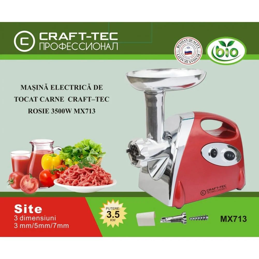 Mașină de Tocat Electrică Profesională Craft-TEC - 3800W, 3 Site, 2KG/min, Carne, Accesorii pentru Roșii și Cârnați, Motor Cupru, - MX 713