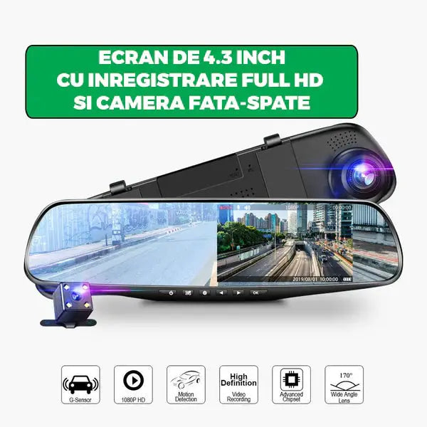 Oglinda Retrovizoare Cu Camera Video Fata-Spate Full HD Cu G-Senzor Si Ecran 4.3 Inch Doimeseriasi.ro