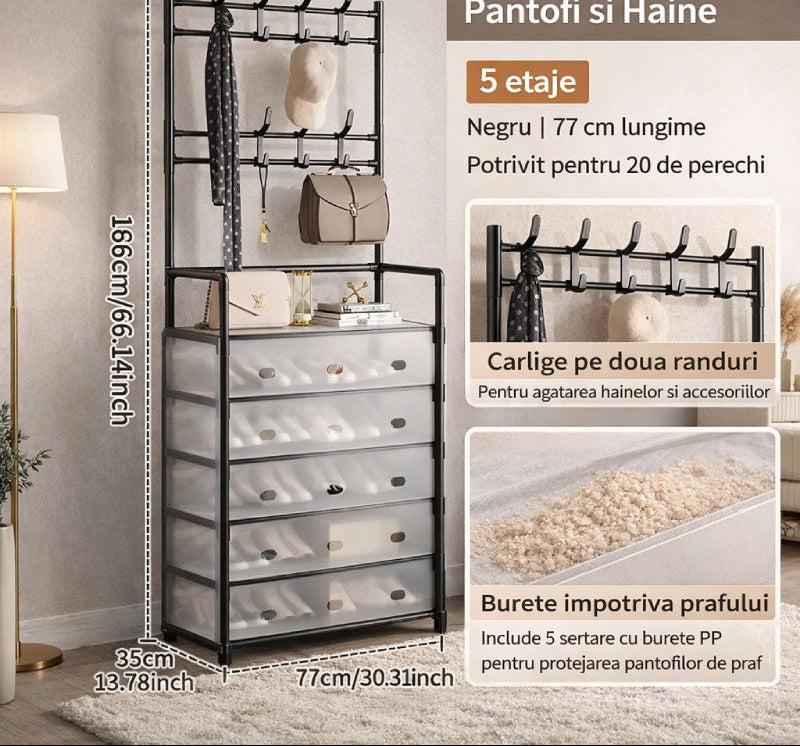 Organizator multifunctional pentru incaltaminte, Cuier lateral, 5 polite, 8 carlige, Usi anti-praf, Cadru metalic, Design vertical compact Glorio
