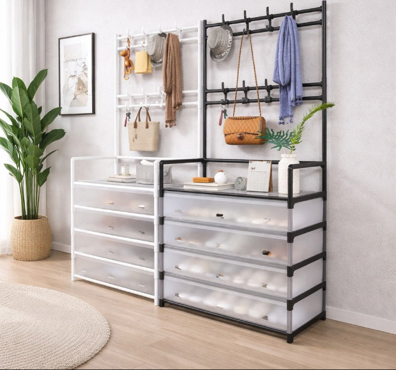 Organizator multifunctional pentru incaltaminte, Cuier lateral, 5 polite, 8 carlige, Usi anti-praf, Cadru metalic, Design vertical compact Glorio