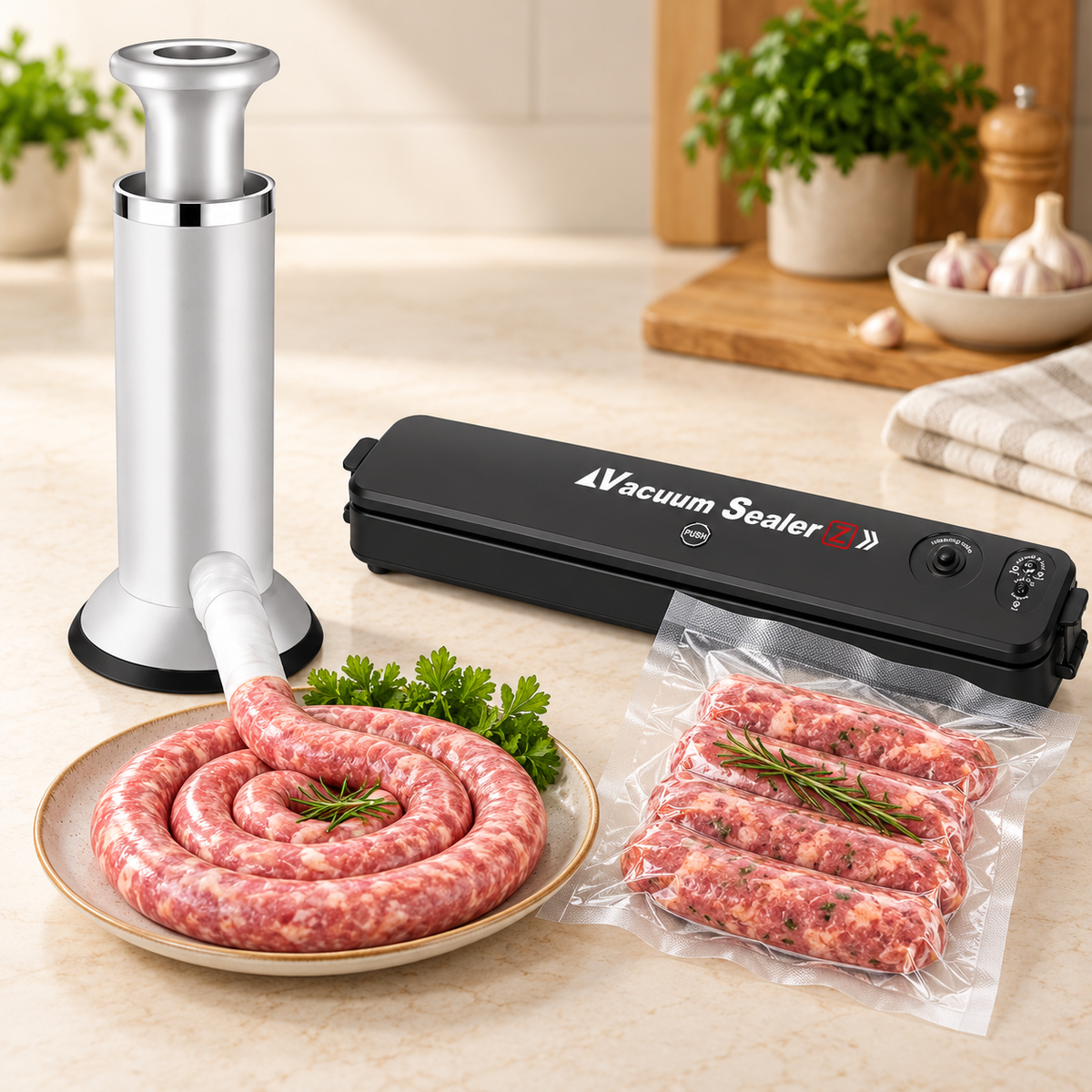 Pachet presa manuala argintie si aparat negru Vacuum Sealer