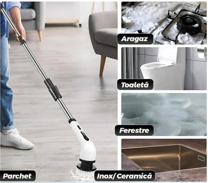 Perie Electrică de Curățare 9 în 1,Reîncărcabilă USB, Mâner Telescopic Extensibil, 9 Capete Interschimbabile