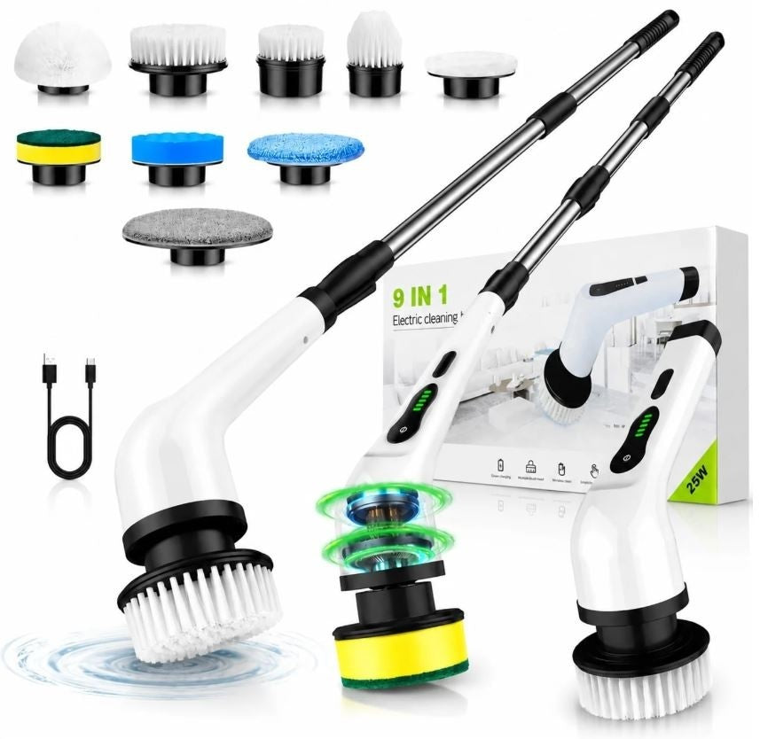 Perie Electrică de Curățare 9 în 1,Reîncărcabilă USB, Mâner Telescopic Extensibil, 9 Capete Interschimbabile