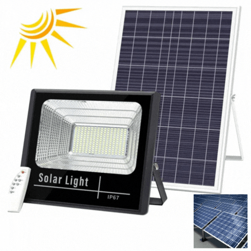 PACHET PROMOTIONAL: Proiector LED Cu Panou Solar VELORA, 100W, Control Prin Telecomanda, Senzor Crepuscular + Accesorii+Lampa Solara 100x Led CADOU Doimeseriasi.ro