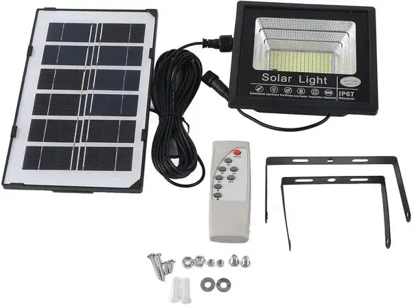 PACHET PROMOTIONAL: Proiector LED Cu Panou Solar VELORA, 100W, Control Prin Telecomanda, Senzor Crepuscular + Accesorii+Lampa Solara 100x Led CADOU Doimeseriasi.ro