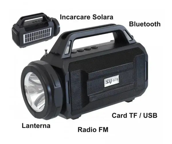 Radio FM Cu Incarcare Solara si la Retea, Conexiune Bluetooth, Lanterna si Suport Telefon Integrate + Cablu Antifurt Bicicleta CADOU Doimeseriasi.ro
