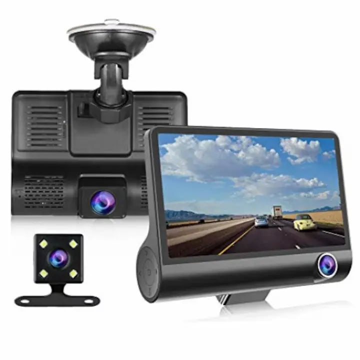 Camera auto TRIPLA Full HD cu monitor de 4 INCH pentru bord si unghi larg de filmare de 170 grade + Card 64GB Doimeseriasi.ro