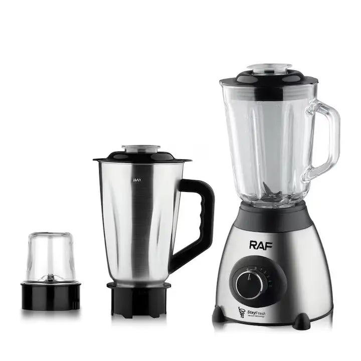 Blender Electric 3 in 1 RAF R.2871, 1000W, Pahar 1.5L din Sticla, Vas Inox, Rasnita, 2 Viteze + Pulse, StayFresh, Negru/Inox Glorio