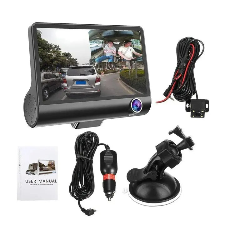 Camera auto TRIPLA Full HD cu monitor de 4 INCH pentru bord si unghi larg de filmare de 170 grade + Card 64GB Doimeseriasi.ro