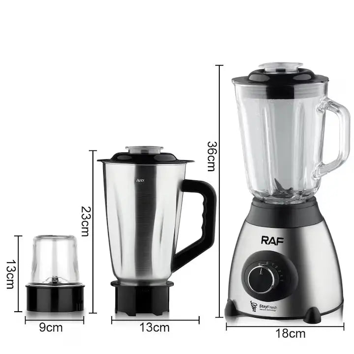 Blender Electric 3 in 1 RAF R.2871, 1000W, Pahar 1.5L din Sticla, Vas Inox, Rasnita, 2 Viteze + Pulse, StayFresh, Negru/Inox Glorio