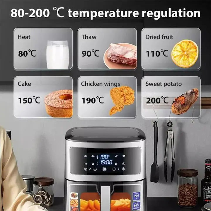 AirFryer HOFFMANS HM 780A - 8L cu Geam, 2400W, Friteuza cu Aer Cald Fara Ulei, Digitala Glorio