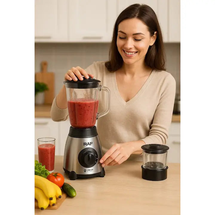 Blender Electric 3 in 1 RAF R.2871, 1000W, Pahar 1.5L din Sticla, Vas Inox, Rasnita, 2 Viteze + Pulse, StayFresh, Negru/Inox Glorio