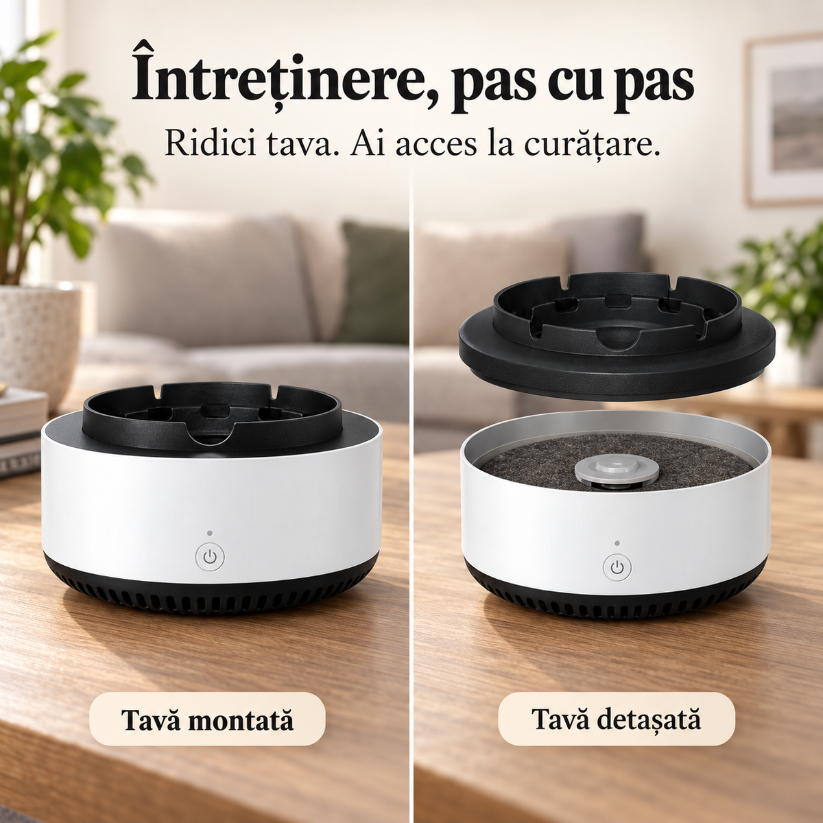 Scrumieră electrică asamblată și cu tava detașată pentru întreținere.