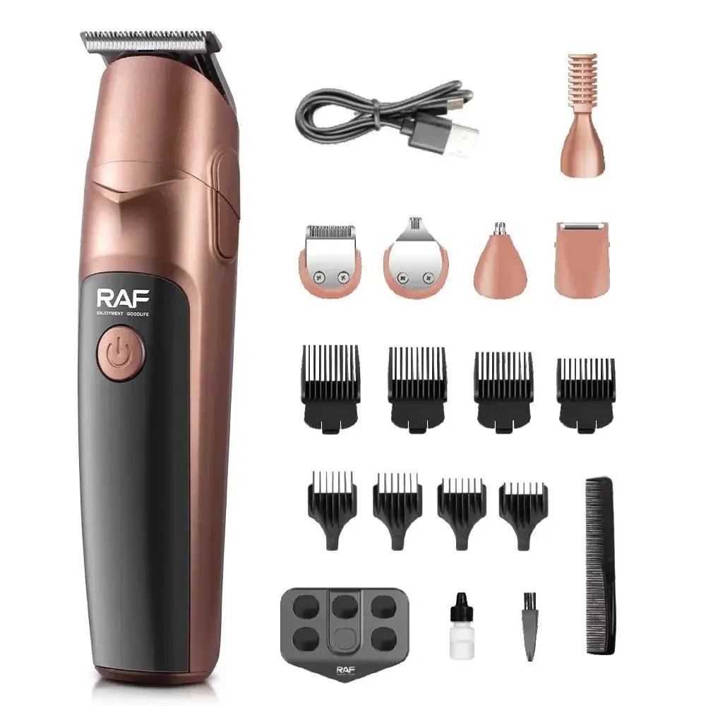 Set cu aparat de tuns fara fir, RAF R4021, 5W, cu 19 accesorii, incarcare USB Type C si suport, 19.5x15x20cm, negru-cupru Glorio