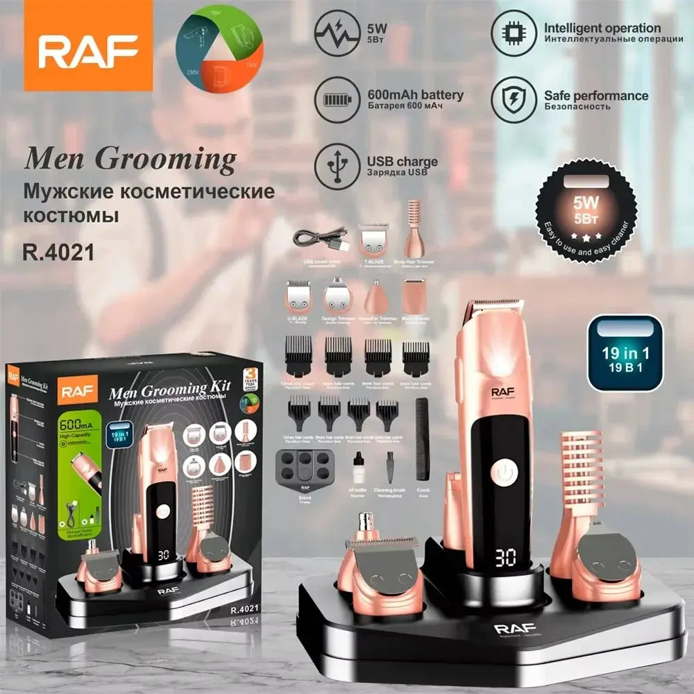Set cu aparat de tuns fara fir, RAF R4021, 5W, cu 19 accesorii, incarcare USB Type C si suport, 19.5x15x20cm, negru-cupru Glorio