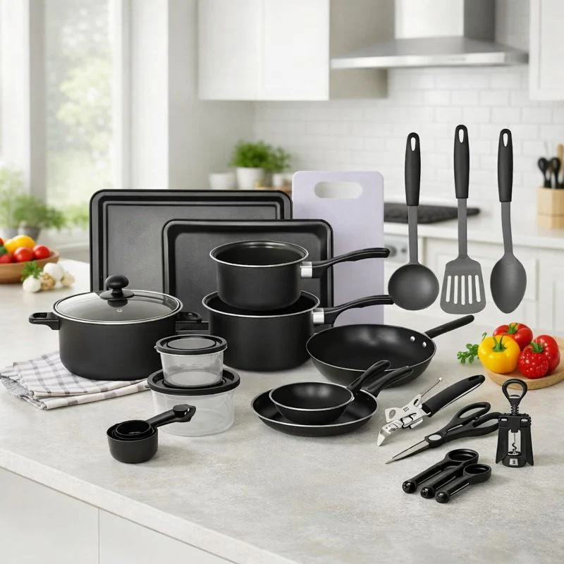 Set Bucatarie Complet, 22 Piese cu Oale, Tigai, Wok, Tavi si Accesorii pentru Gatit, Negru + 1x Foarfeca CADOU Neamtul.ro