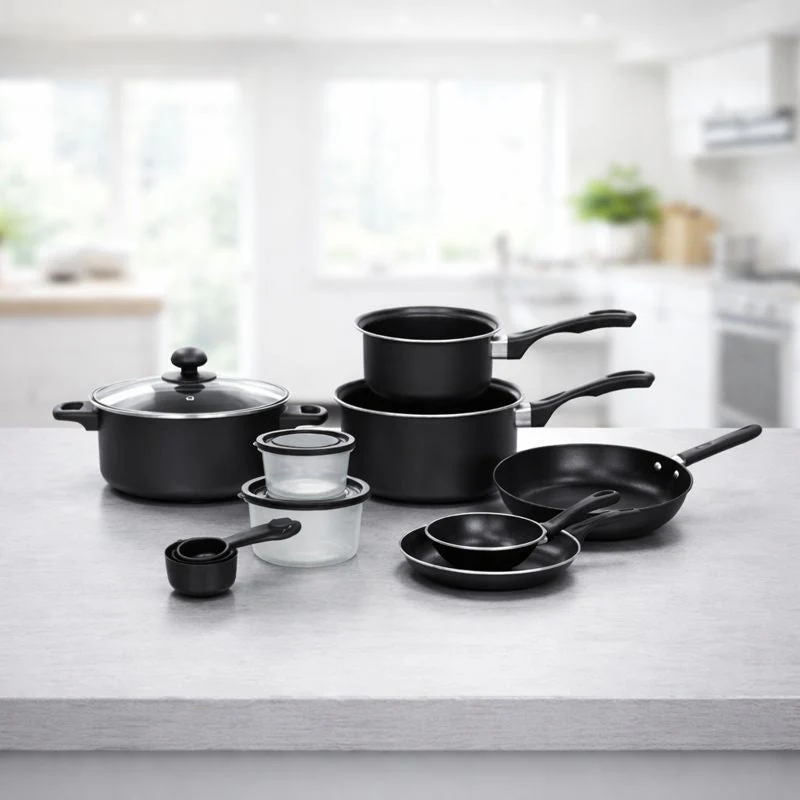 Set Bucatarie Complet, 22 Piese cu Oale, Tigai, Wok, Tavi si Accesorii pentru Gatit, Negru + 1x Foarfeca CADOU Neamtul.ro
