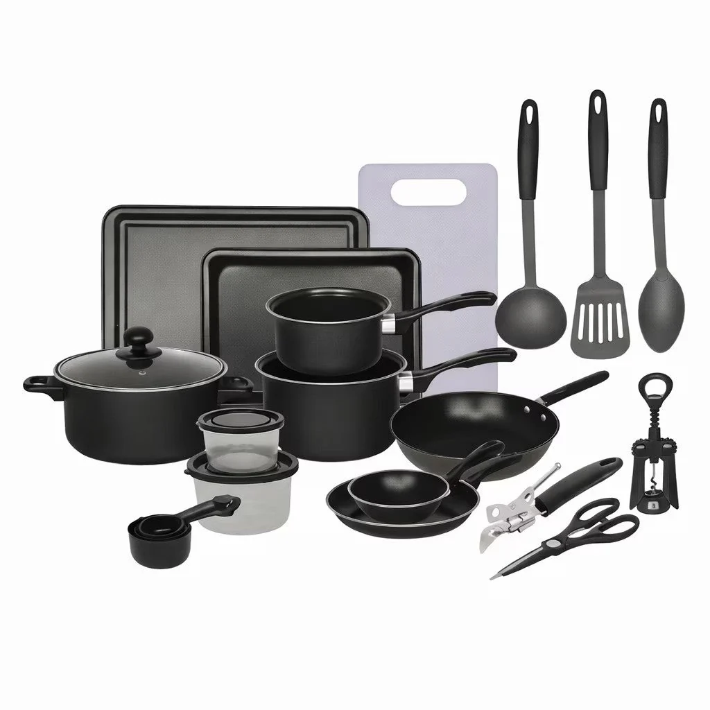 Set Bucatarie Complet, 22 Piese cu Oale, Tigai, Wok, Tavi si Accesorii pentru Gatit, Negru + 1x Foarfeca CADOU Neamtul.ro