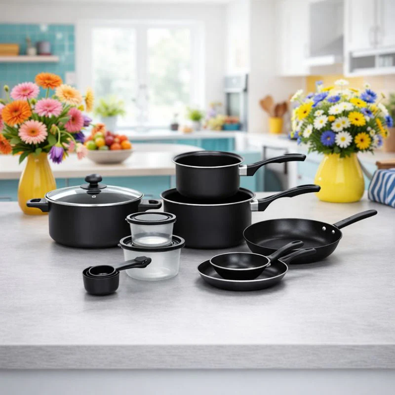 Set Bucatarie Complet, 22 Piese cu Oale, Tigai, Wok, Tavi si Accesorii pentru Gatit, Negru + 1x Foarfeca CADOU Neamtul.ro