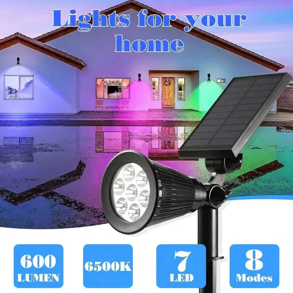 Spot LED cu Incarcare Solara, 7 LED-uri Puternice, Lumina Colorata, 7 Culori, Reglabil, Cu Suport de Fixare Doimeseriasi.ro