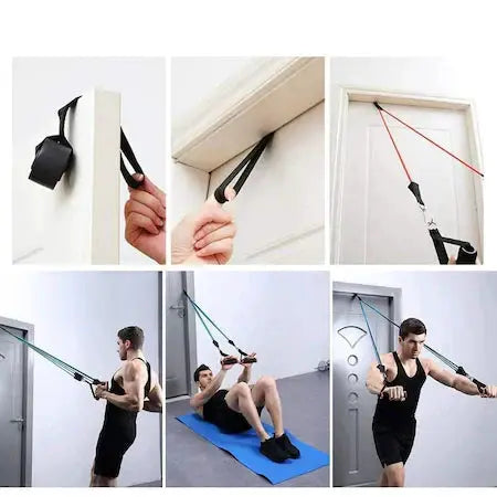 Set 11 bucati extensor fitness cu corzi elastice latex, manere, ancora usa si curele pentru glezna Doimeseriasi.ro