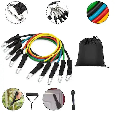 Set 11 bucati extensor fitness cu corzi elastice latex, manere, ancora usa si curele pentru glezna Doimeseriasi.ro