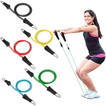 Set 11 bucati extensor fitness cu corzi elastice latex, manere, ancora usa si curele pentru glezna Doimeseriasi.ro