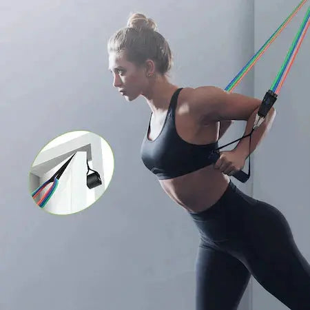Set 11 bucati extensor fitness cu corzi elastice latex, manere, ancora usa si curele pentru glezna Doimeseriasi.ro