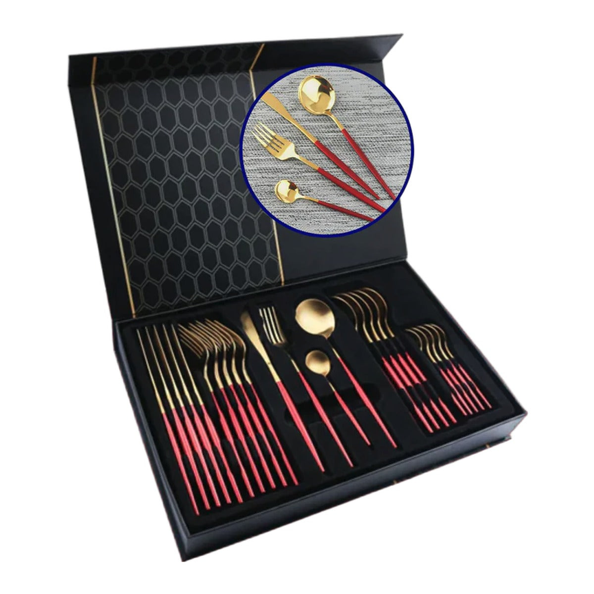 Set tacamuri 24 piese rosu cu auriu in cutie cadou