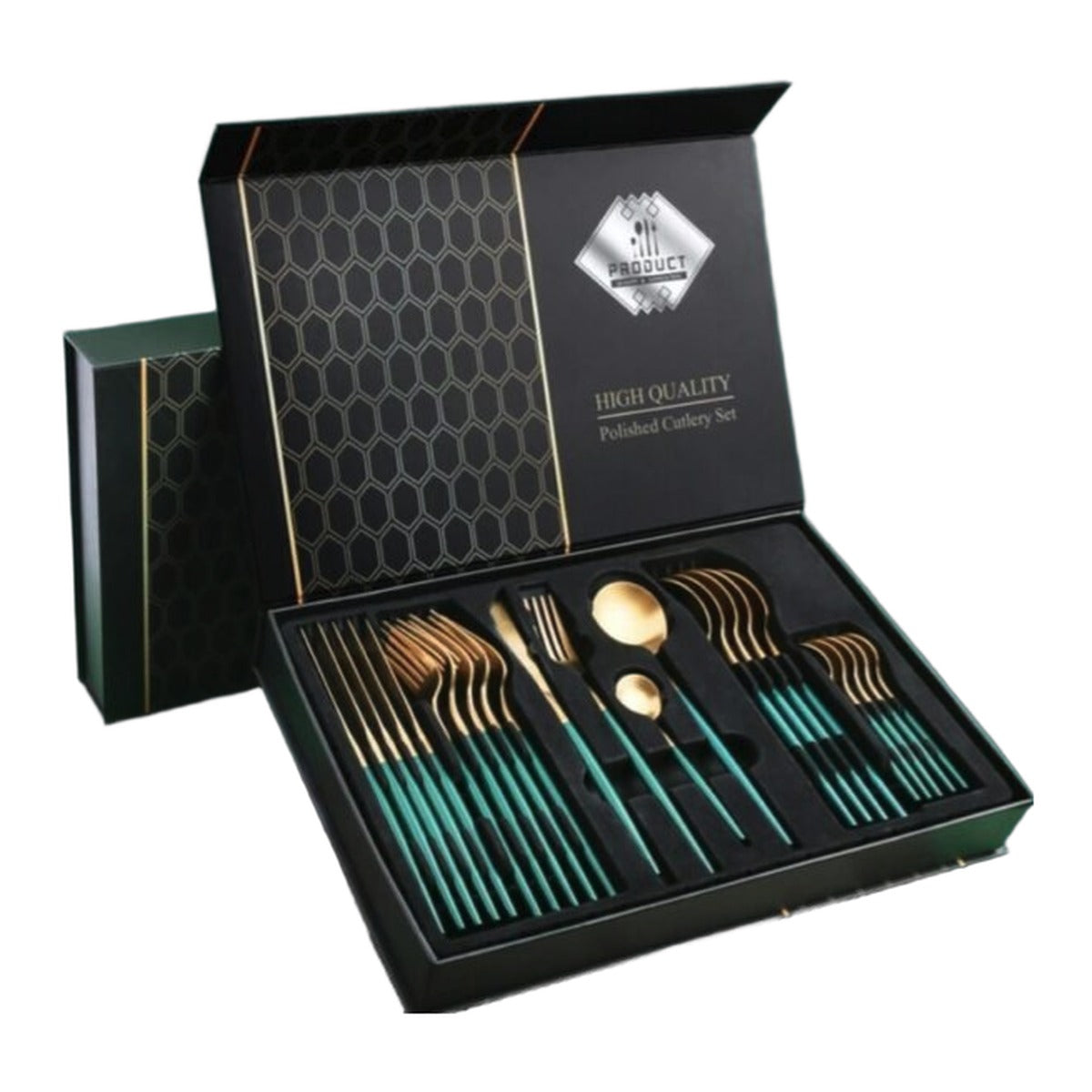 Set tacamuri 24 piese verde cu auriu in cutie cadou
