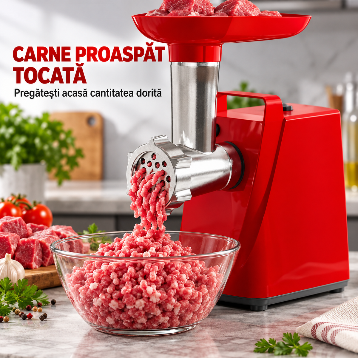 Mașină de tocat carne, carne proaspăt tocată în vas