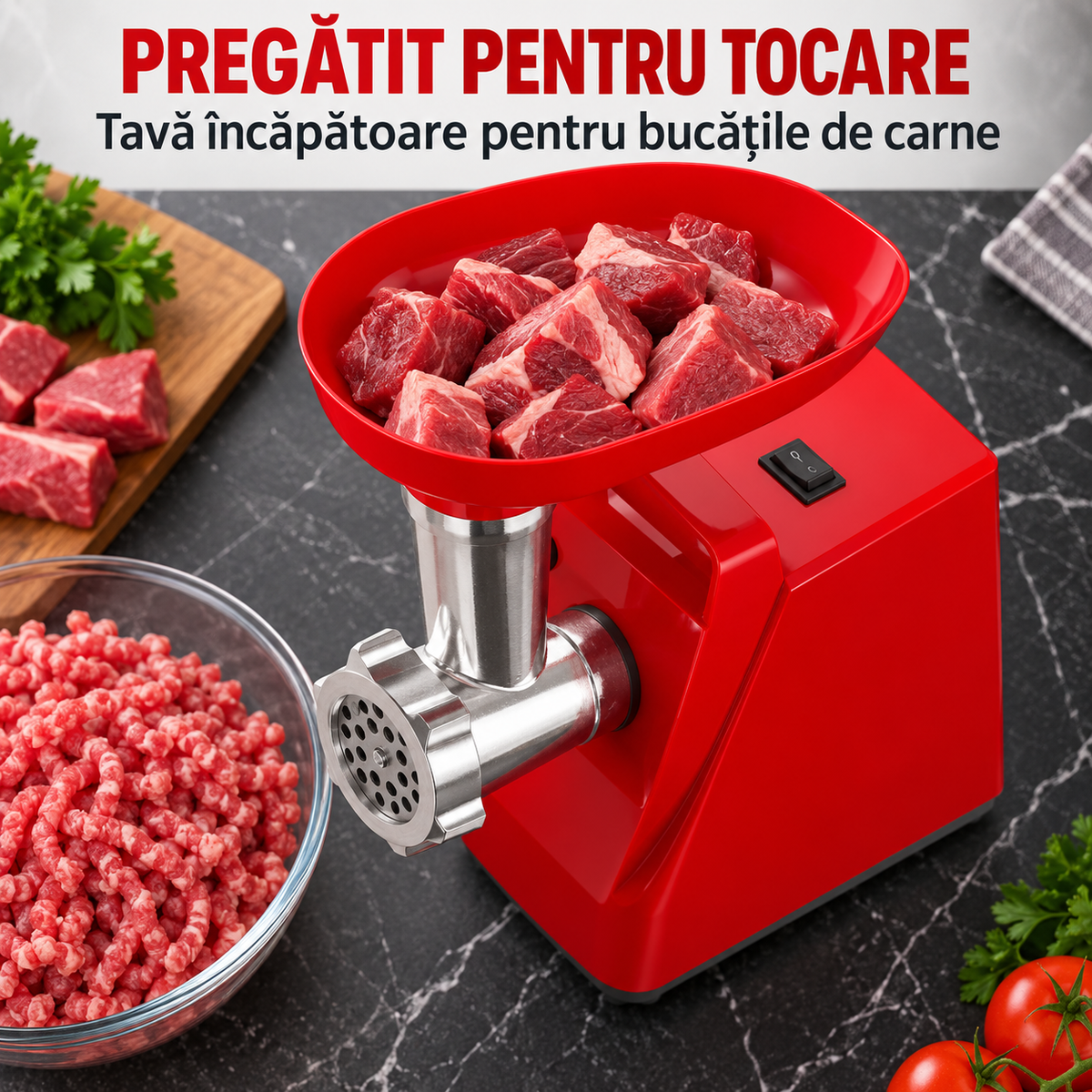 Mașină de tocat carne văzută de sus, tavă pentru bucățile de carne