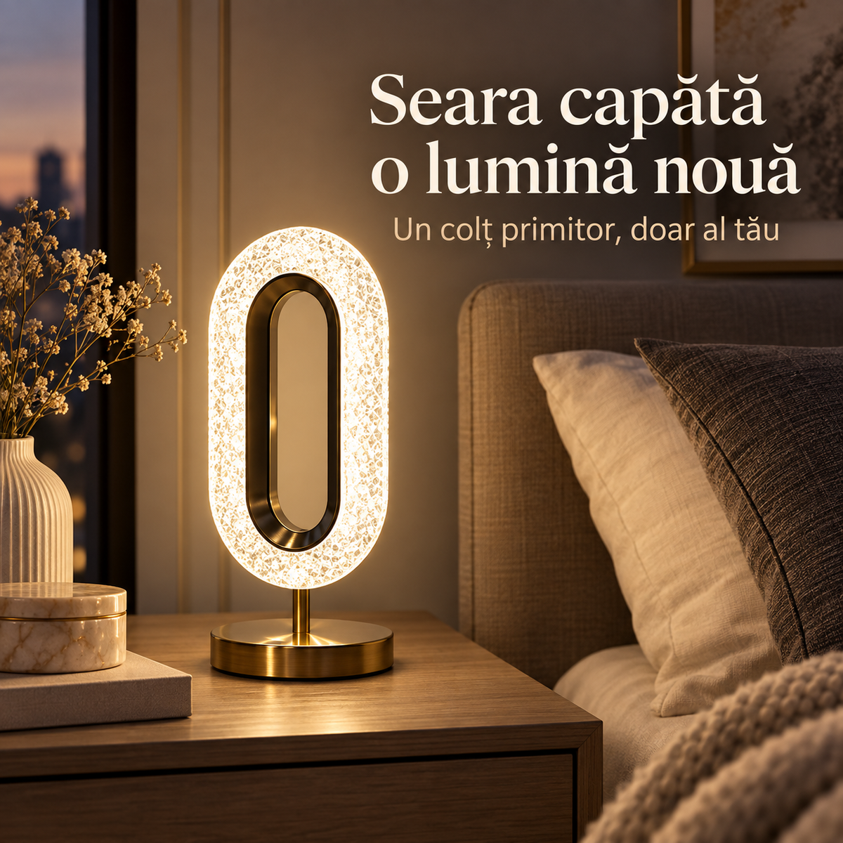 Veioză ovală cu efect de cristal într-un decor de seară.